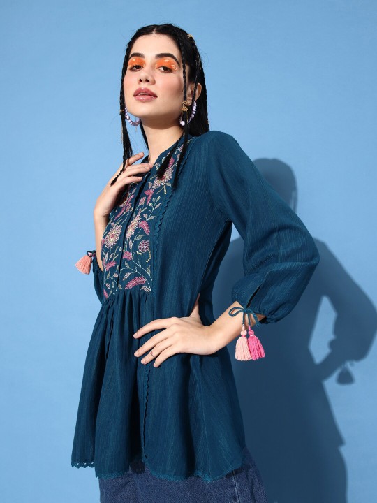 Blue & Pink Floral Embroidered Puff Sleeves A-Line Top